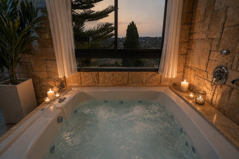Luxurious spa bathtub with bubbling water, lit by candlelight, surrounded by stone walls with a large window overlooking the evening landscape