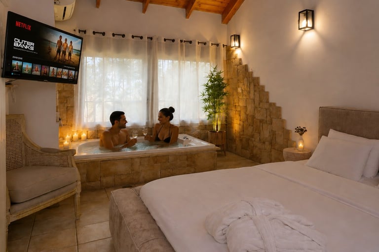 Modern bedroom spa with bathtub, couple relaxing in warm water, comfortable bed, TV, and ambient lighting