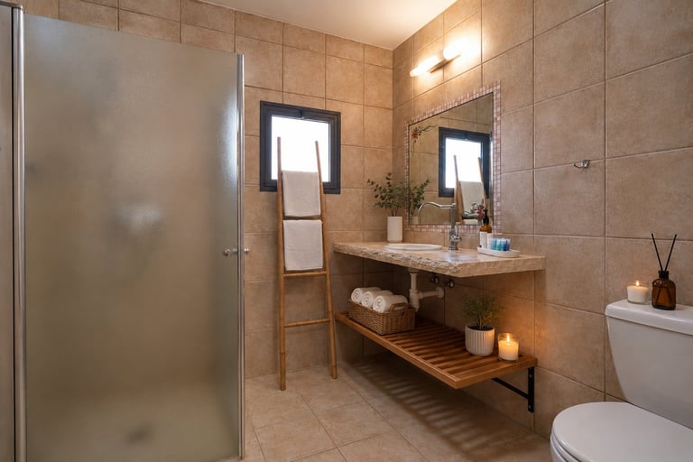 Modern bathroom with beige tile walls, frosted glass shower enclosure, wooden vanity with double mirrors, and decorative accessories
