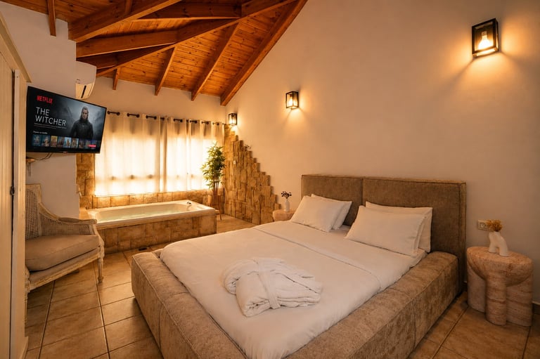Cozy bedroom with wooden ceiling beams, bed with beige bedding, window seat with curtains, wall-mounted TV, and warm accent lighting