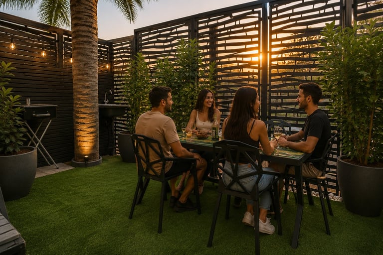 Four people dining together at a modern outdoor patio with warm lighting, slatted wooden screens, climbing vines, and artificial grass