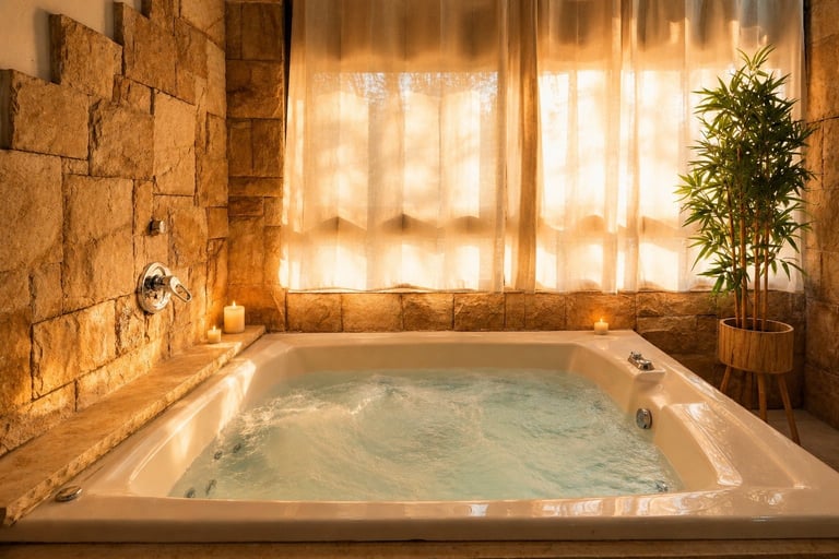 Luxurious spa bathroom with sunken bathtub filled with water, warm lighting, stone walls, and green plant by window