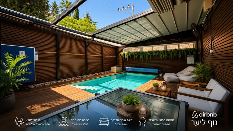 Modern backyard with retractable roof open over bright blue pool, wooden deck, lounge chairs, and surrounding palm plants